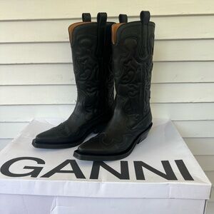 Ganni Black Embroidered Cowboy Boots